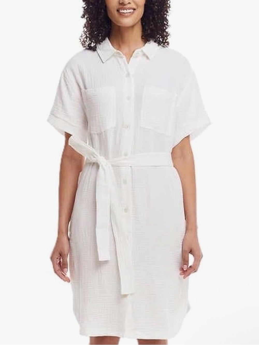 Weatherproof Vintage White Belted Cotton Gauze Shirt Dress. Size Medium